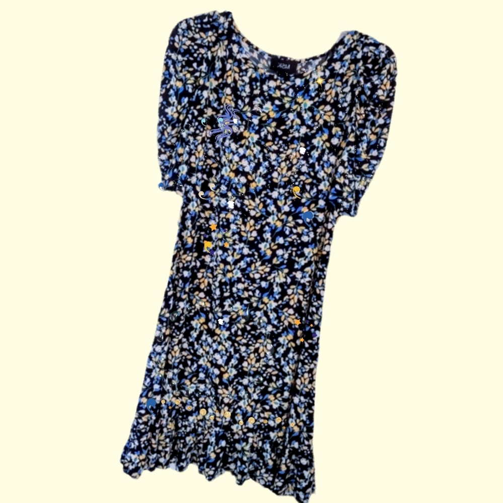 Blue & Yellow Flowers Dress w/ Ruffle Hem NWT